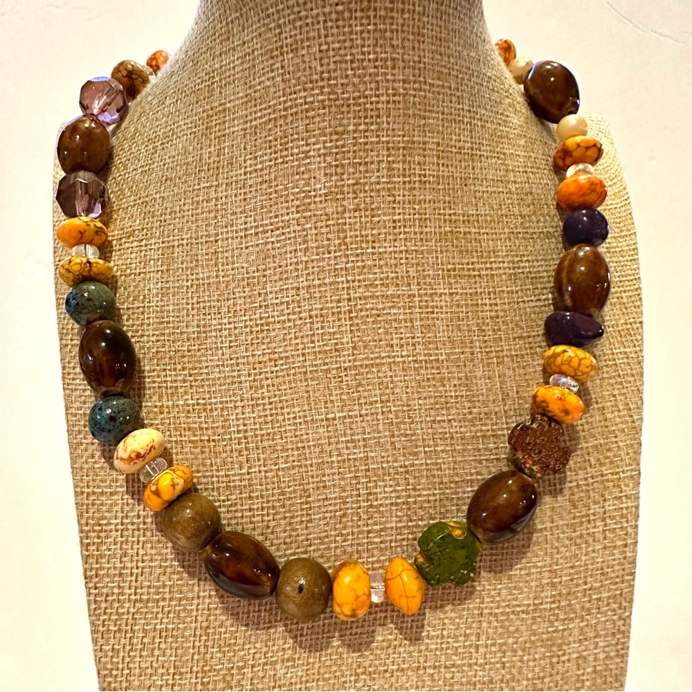Multi-color Boho Genuine Gemstone, ceramic, glass & wood bead Necklace -Gorgeous